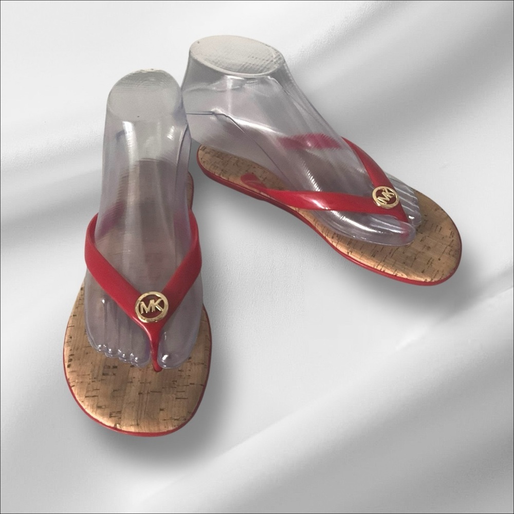 Michael Kors Red Jelly Cork‎ Thong Flip Flops SZ 6 Women Summer Sandal Beach